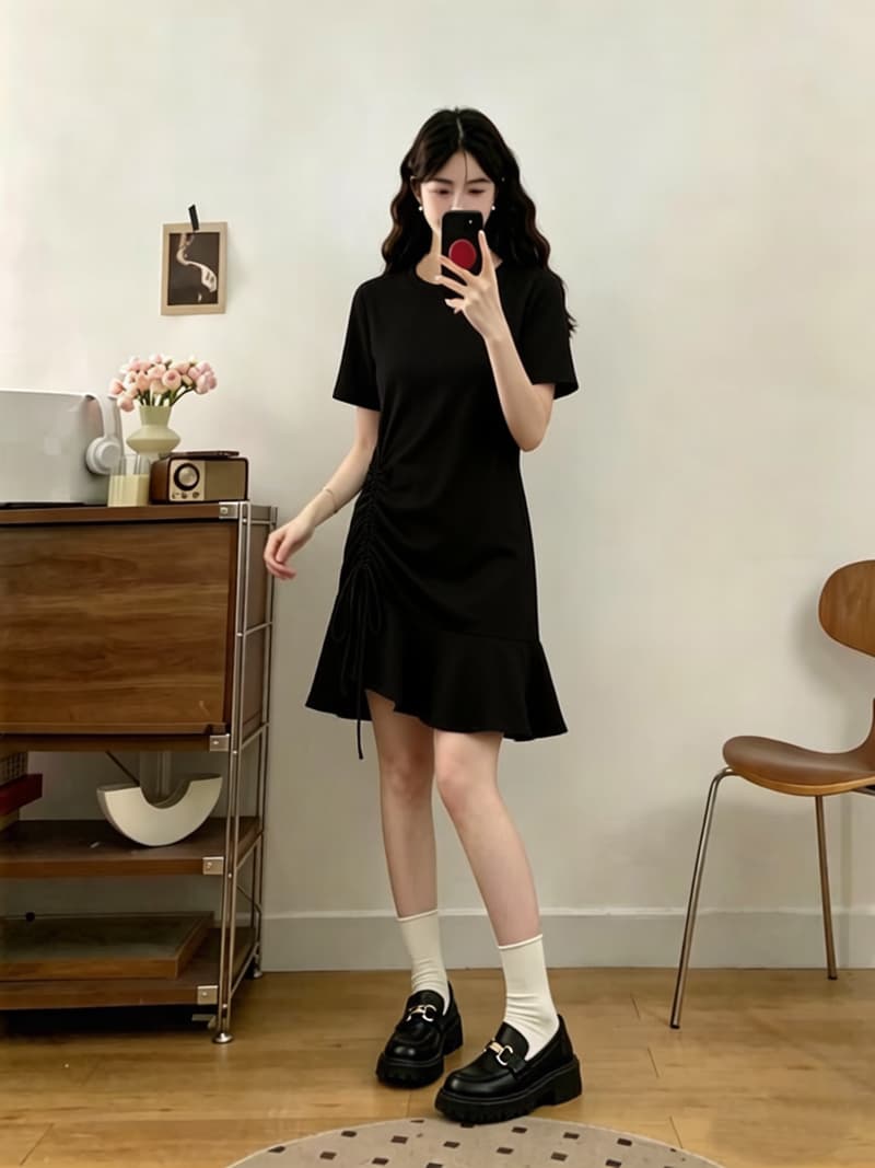 실사 빅 사이즈 여성 의류 지방 mm 2026 새로운 슬림해 보이는 품격 인어 꼬리 스커트 작은 검은 드레스 여름 펌프 로프 티셔츠 드레스 상세 이미지 3