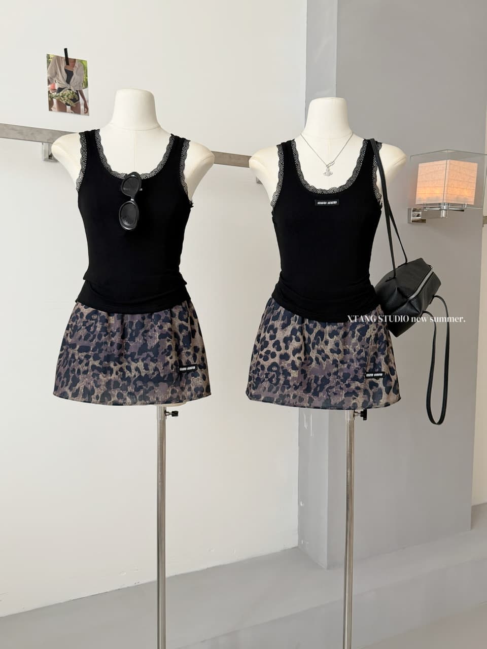 아메리칸 달콤한 핫걸 바람 세트 여성 여름 섹션 알파벳 표준 검정색 레이스 캐미솔 레오파드 무늬 반신 스커트 투피스 세트 상세 이미지 19