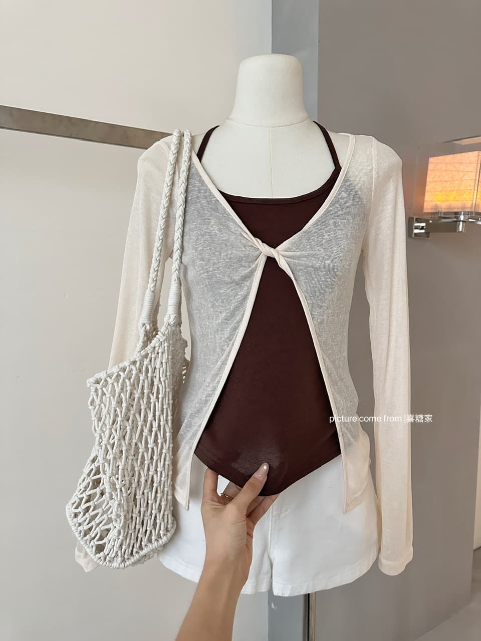 한 부서 느긋한 자외선 차단 세트 여성 행침 목 조끼 여성 외부 가져 가라. 비틀림 긴팔 블라우스 맨위 투피스 세트 상세 이미지 5