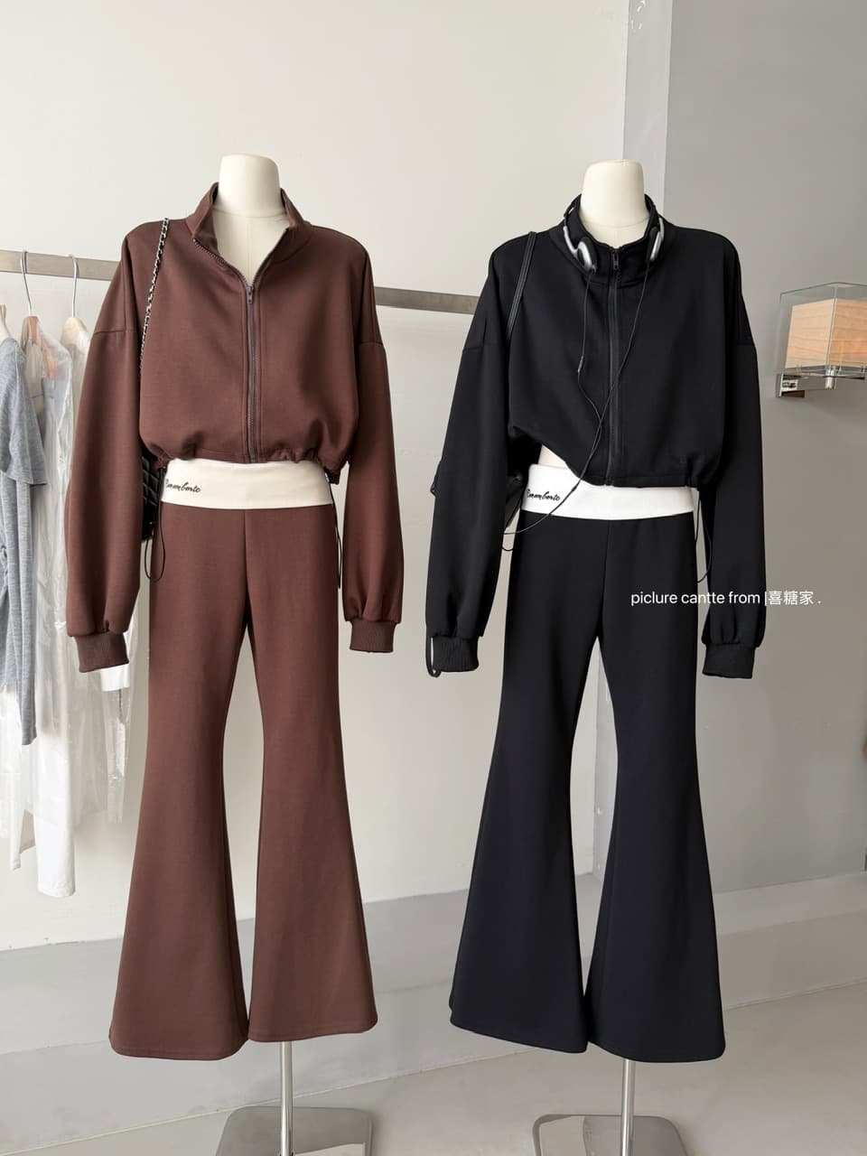 이른 가을 새로운 아메리칸 캐주얼 바람 스탠드 칼라 지퍼 쇼트 스타일 후드티 하이웨이스트 디스플레이 다리 길이 나팔 바지 긴 바지 투피스 세트 상세 이미지 21