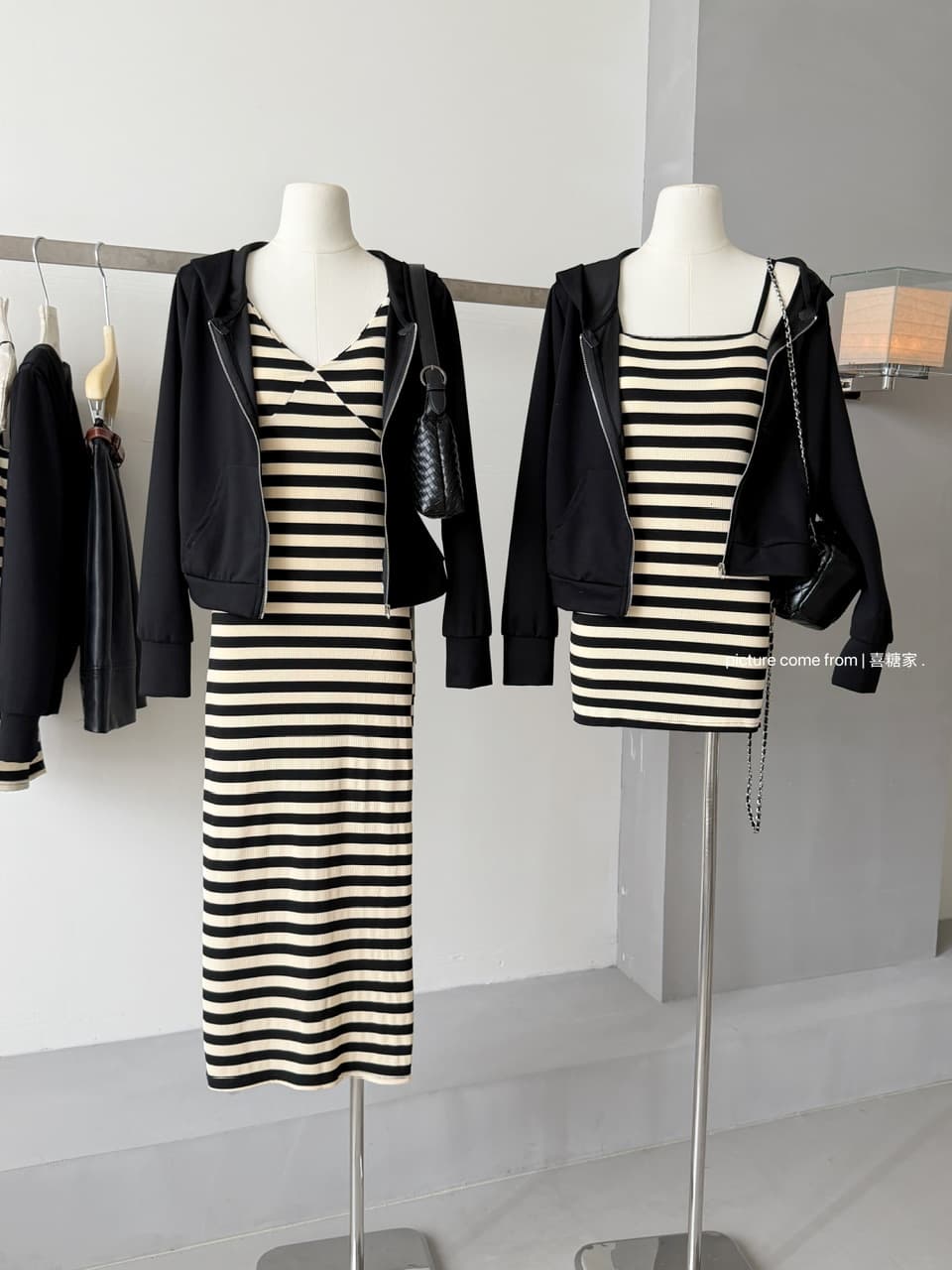 새로운 한국 스타일 패션 캐주얼 오픈 가디건 순수한 욕망 바람 핫걸 스트라이프 니트 드레스 투피스 세트 상세 이미지 6