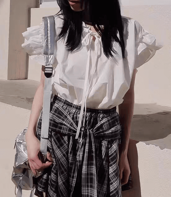한국 chic 여름 새로운 스탠드 칼라 품격 레이스업 느슨함 센스 이중층 Feifei 소매 셔츠 상세 이미지 12