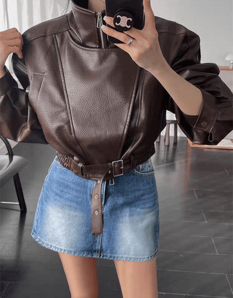 한국 캐주얼 레트로 긴팔 스탠드 칼라 벨트 허리 수축 루즈핏 쇼트 스타일 맨위 봄 새로운 여성 의류 이미지 3