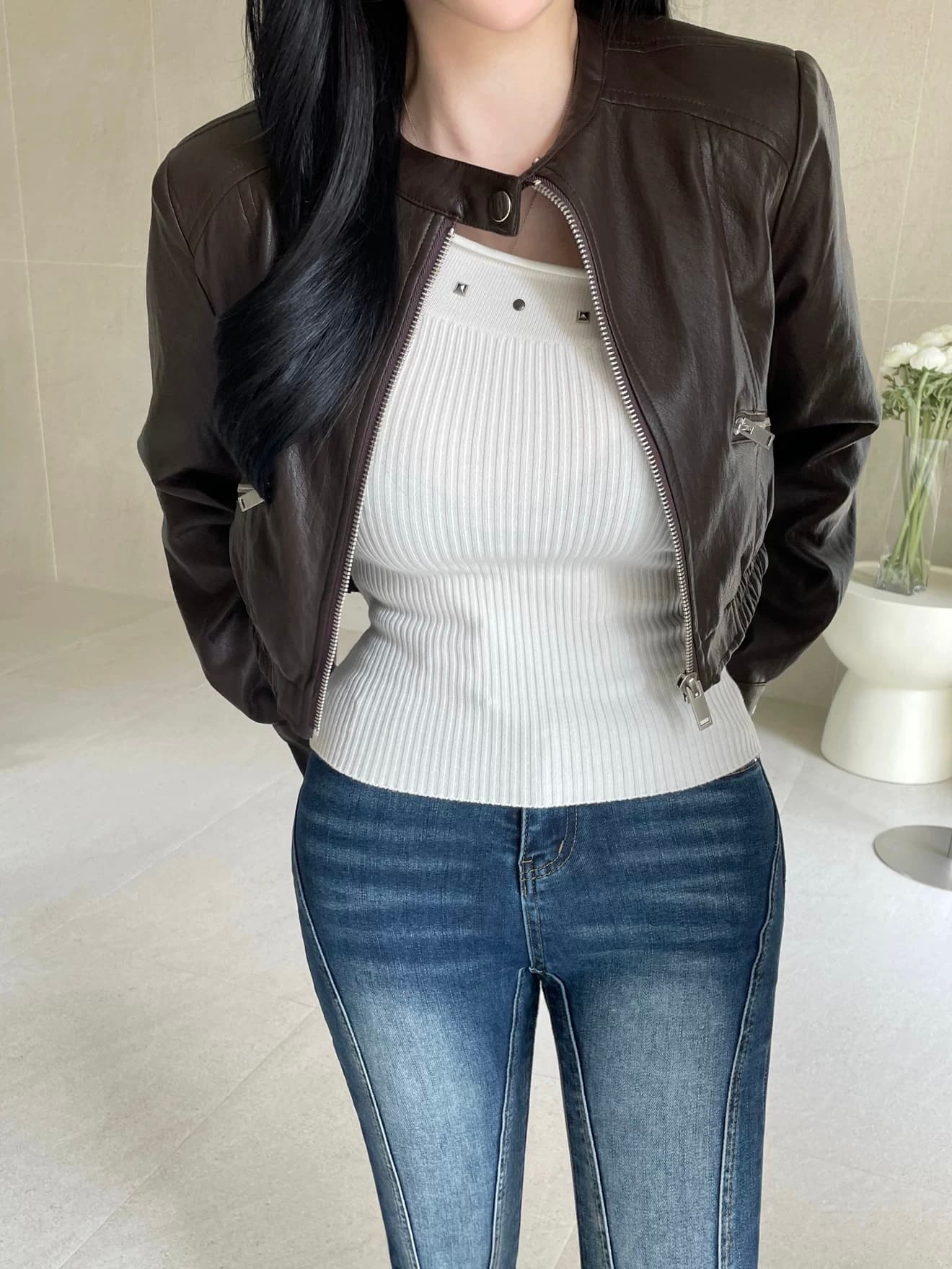 지금 want 작은 쿠이 한국 동대문 구매 봄 쇼트 스타일 패션 다용도 스탠드 칼라 가죽 재킷 재킷 재킷 상세 이미지 3