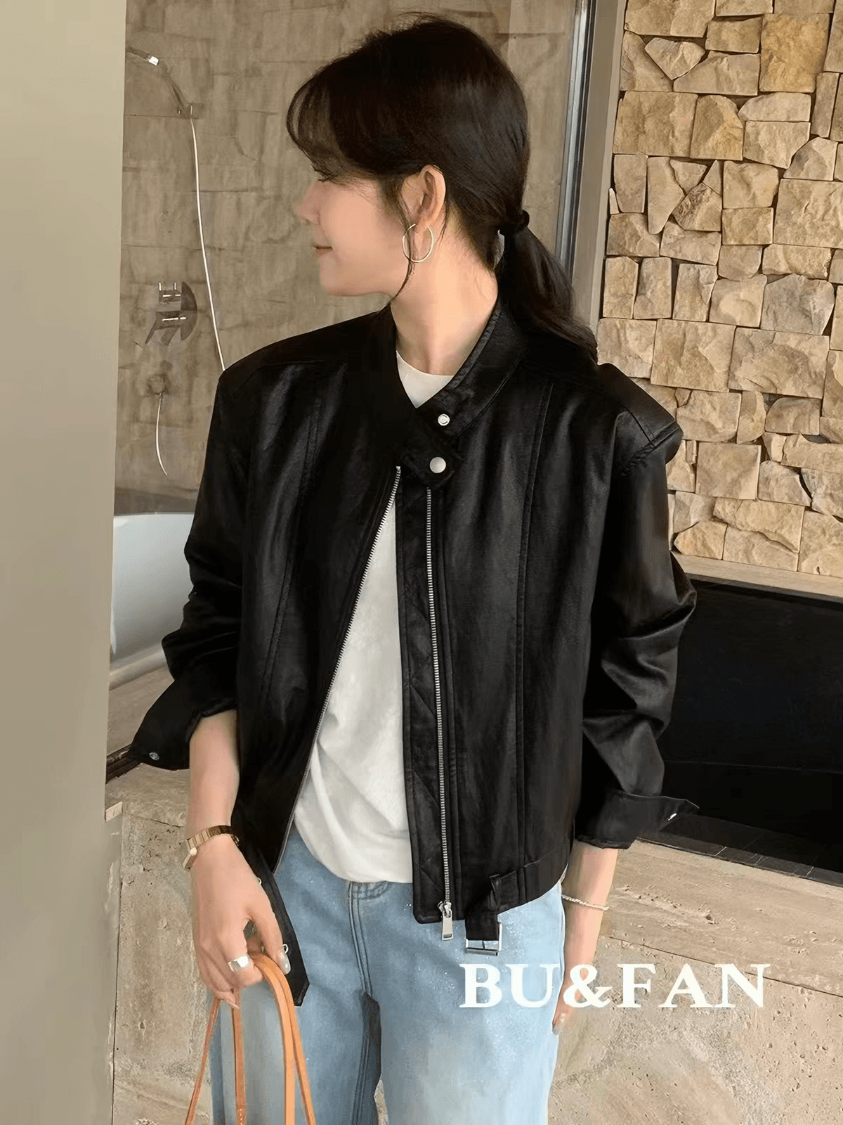 짧은 외투 재킷 이른 봄 새로운 한국 스타일 캐주얼 라운드 넥 지퍼 벨트 pu 가죽 재킷 상세 이미지 4