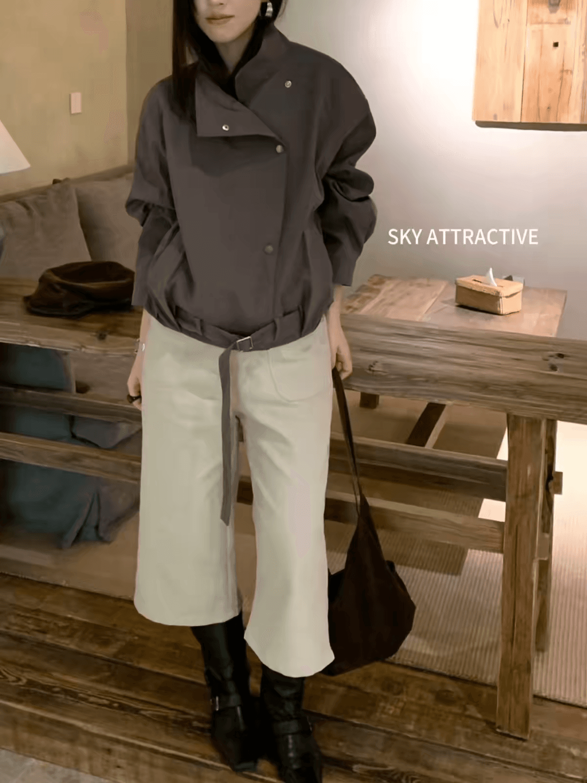 sky 가을 한 부서 디자인 센스 스탠드 칼라 비스듬한 문 襟 짧은 외투 바람막이 여성 루즈핏 품격 레트로 오토바이 재킷