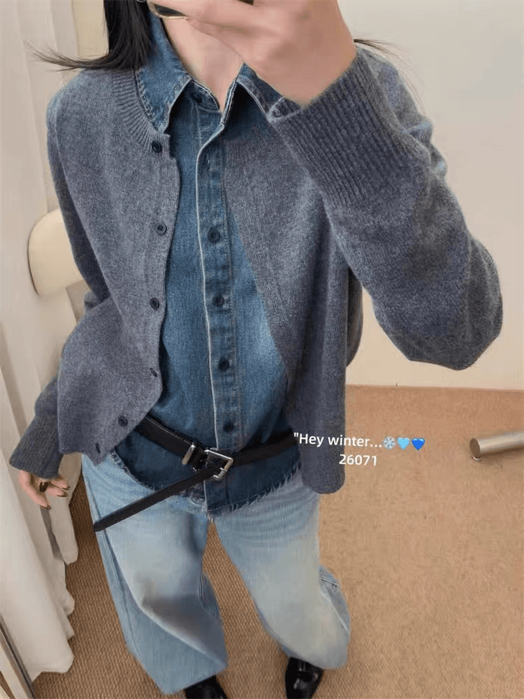 지금 한국 폴로 칼라 셔츠 패치워크 데님 싱글 줄 버튼 페이크 레이어드 니트 오픈 가디건 여성 겨울