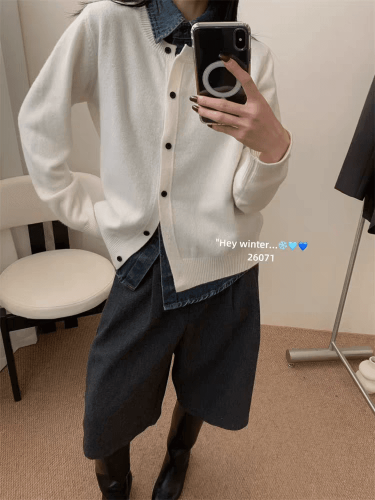 지금 한국 폴로 칼라 셔츠 패치워크 데님 싱글 줄 버튼 페이크 레이어드 니트 오픈 가디건 여성 겨울 이미지 3