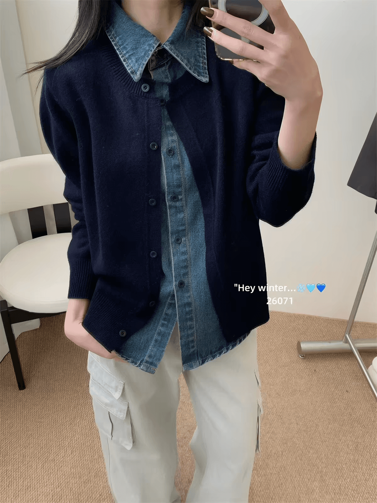 지금 한국 폴로 칼라 셔츠 패치워크 데님 싱글 줄 버튼 페이크 레이어드 니트 오픈 가디건 여성 겨울 이미지 2