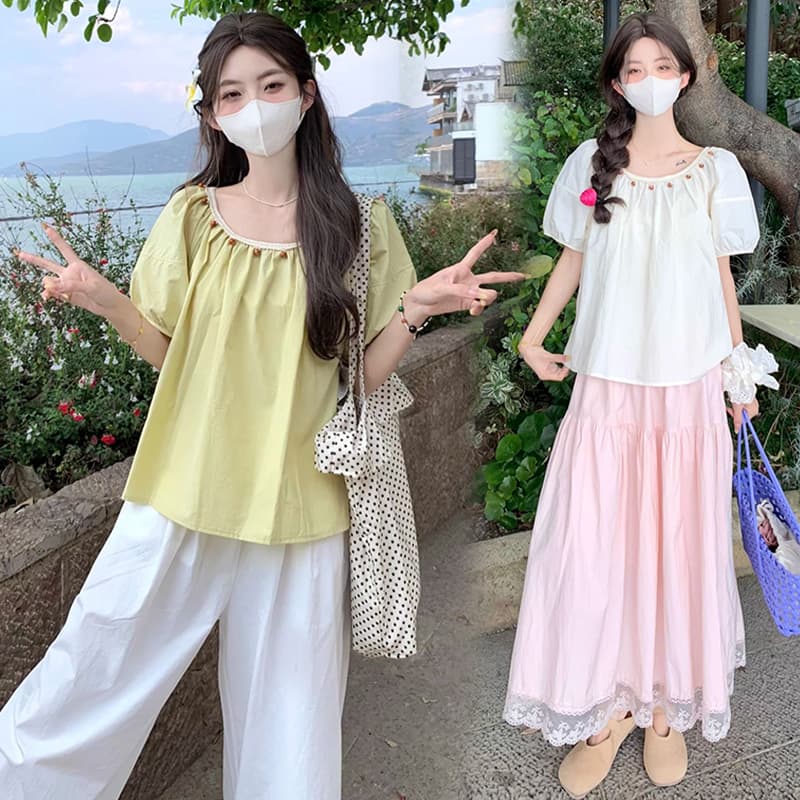 임산부 한 부서 수공 편집 비즈 박기 캐주얼 루즈핏 미니멀리즘 맨위 다용도 와이드 레그 팬츠 투피스 세트