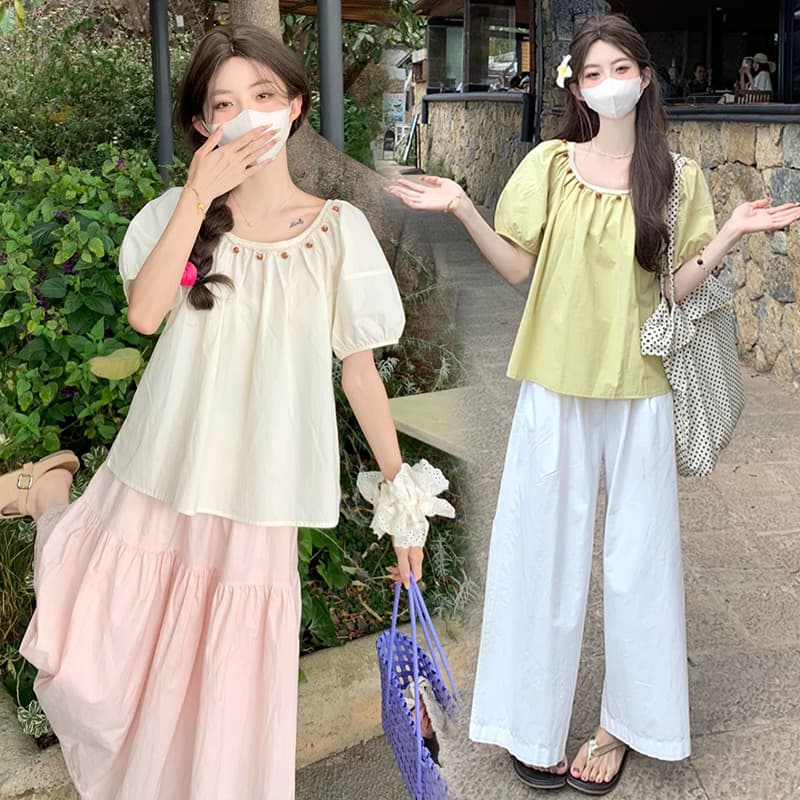 임산부 한 부서 수공 편집 비즈 박기 캐주얼 루즈핏 미니멀리즘 맨위 다용도 와이드 레그 팬츠 투피스 세트 이미지 4
