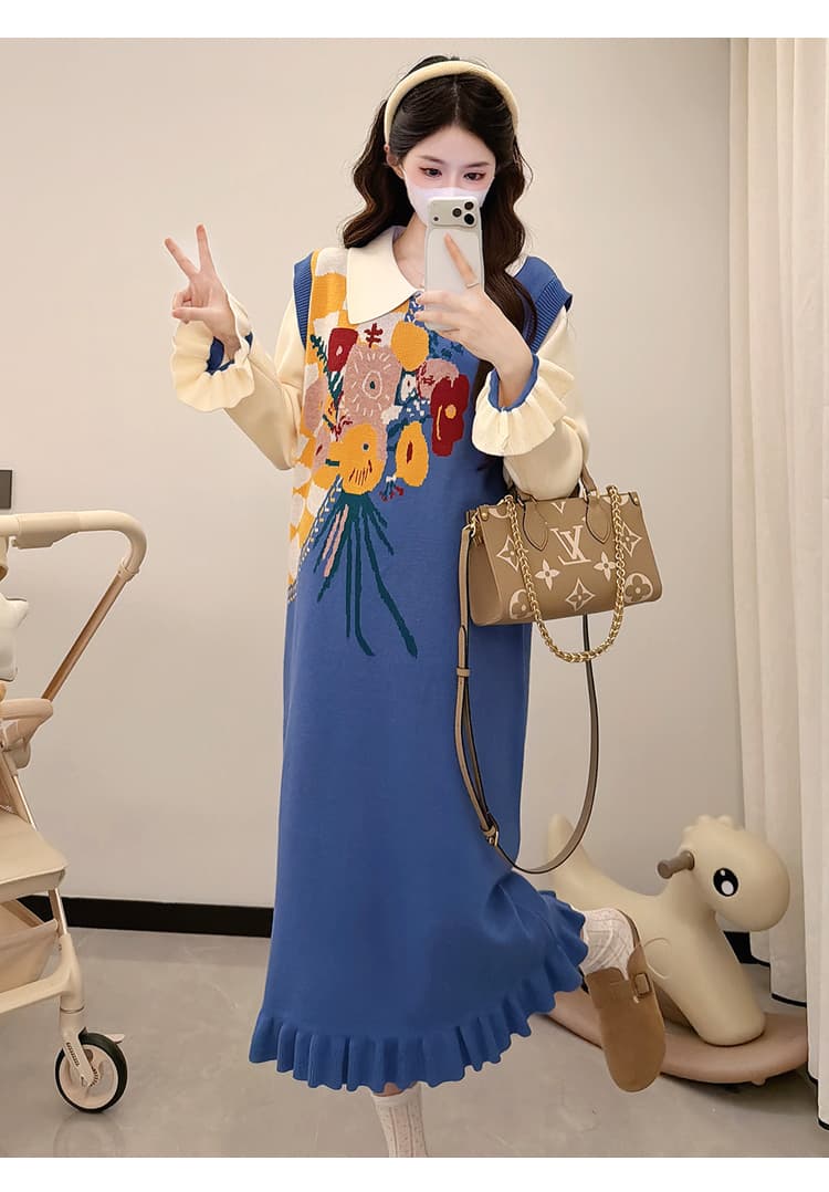 실사 지금 임산부 겨울 새로운 연령 감소 패션 잘 생긴 작은 청신 서있는 패치워크 색상 스웨터 드레스 드레스 상세 이미지 14