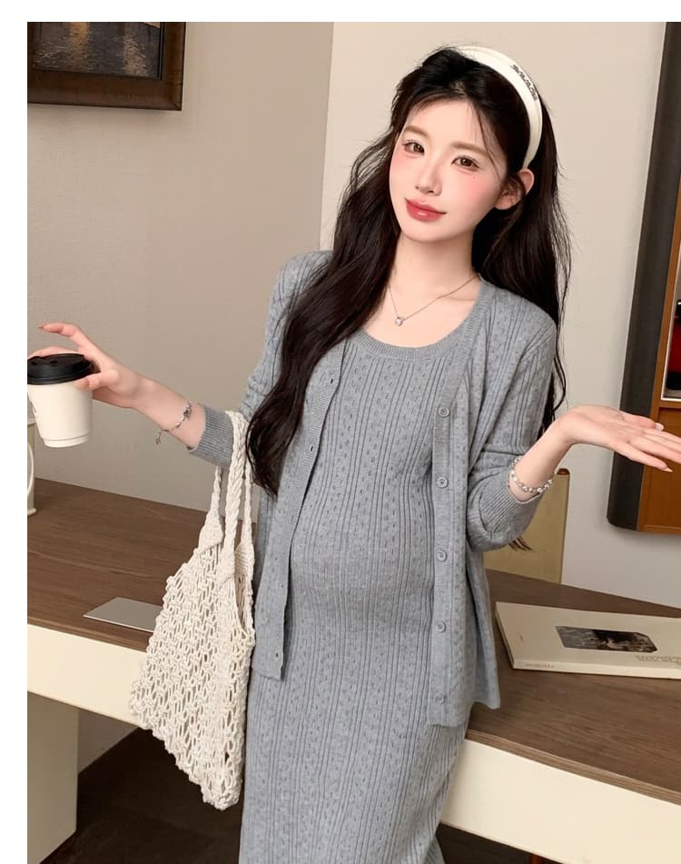 지금 실사 새로운 2026 가을 겨울 새로운 임산부 홀로우 아웃 구덩이 기사 니트 오픈 가디건 슬립 드레스 품격 한국 스타일 투피스 세트 상세 이미지 23