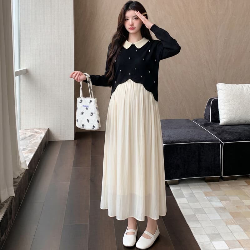 지금 실사 임산부 새로운 패치워크 미니멀리즘 드레스 이미지 4