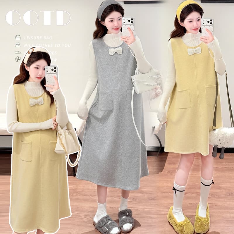 실사 지금 임산부 새로운 한 부서 언더 코트 진주 나비 매듭 루즈핏 드레스 투피스 세트 이미지 5