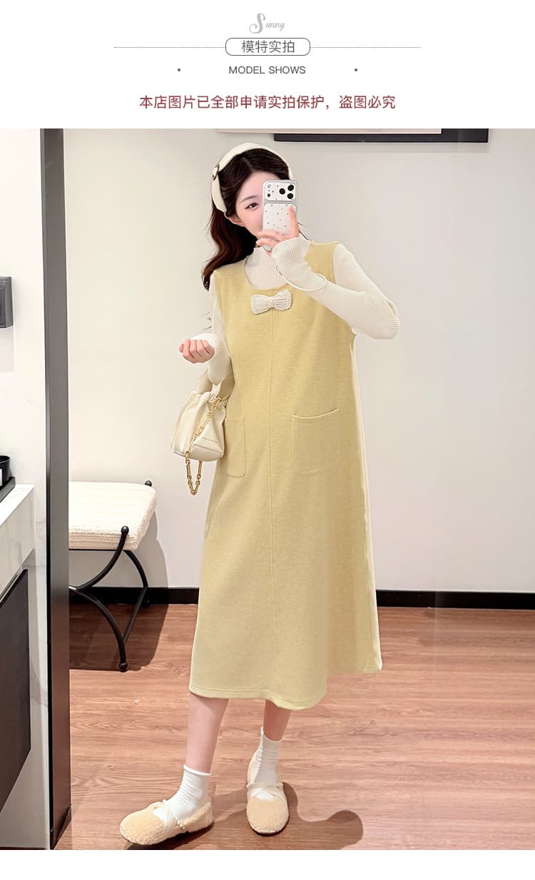 실사 지금 임산부 새로운 한 부서 언더 코트 진주 나비 매듭 루즈핏 드레스 투피스 세트 상세 이미지 10