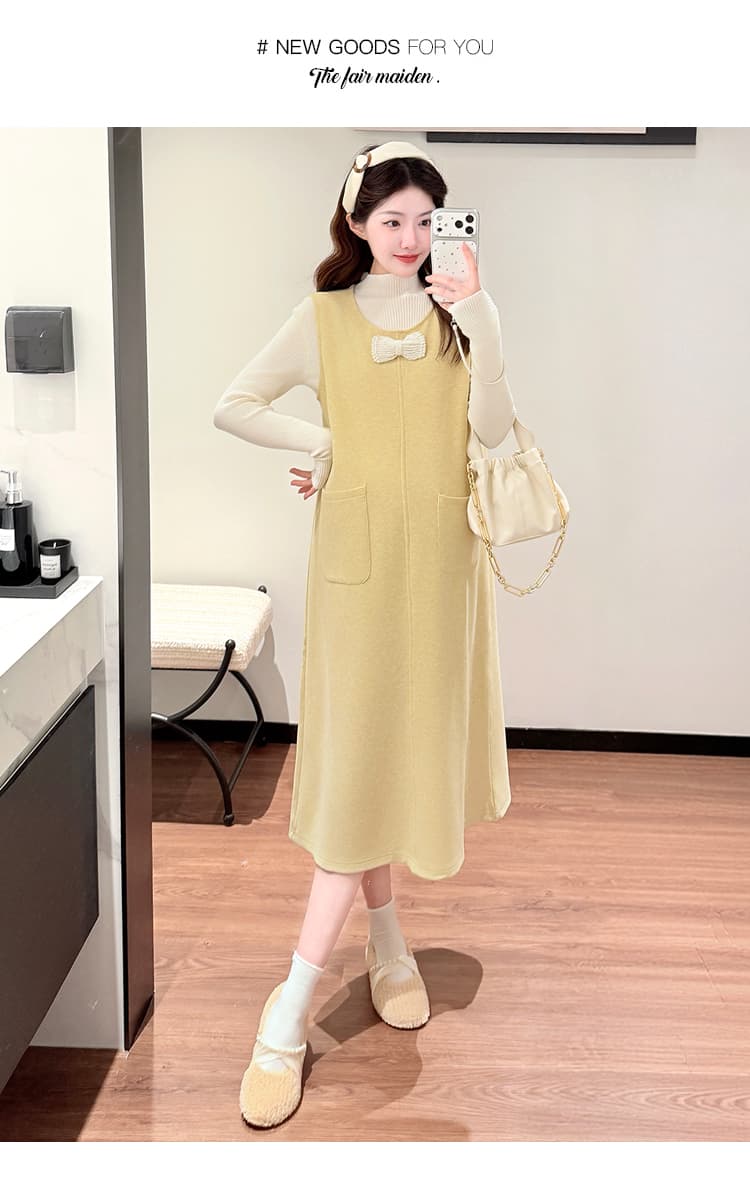 실사 지금 임산부 새로운 한 부서 언더 코트 진주 나비 매듭 루즈핏 드레스 투피스 세트 상세 이미지 12