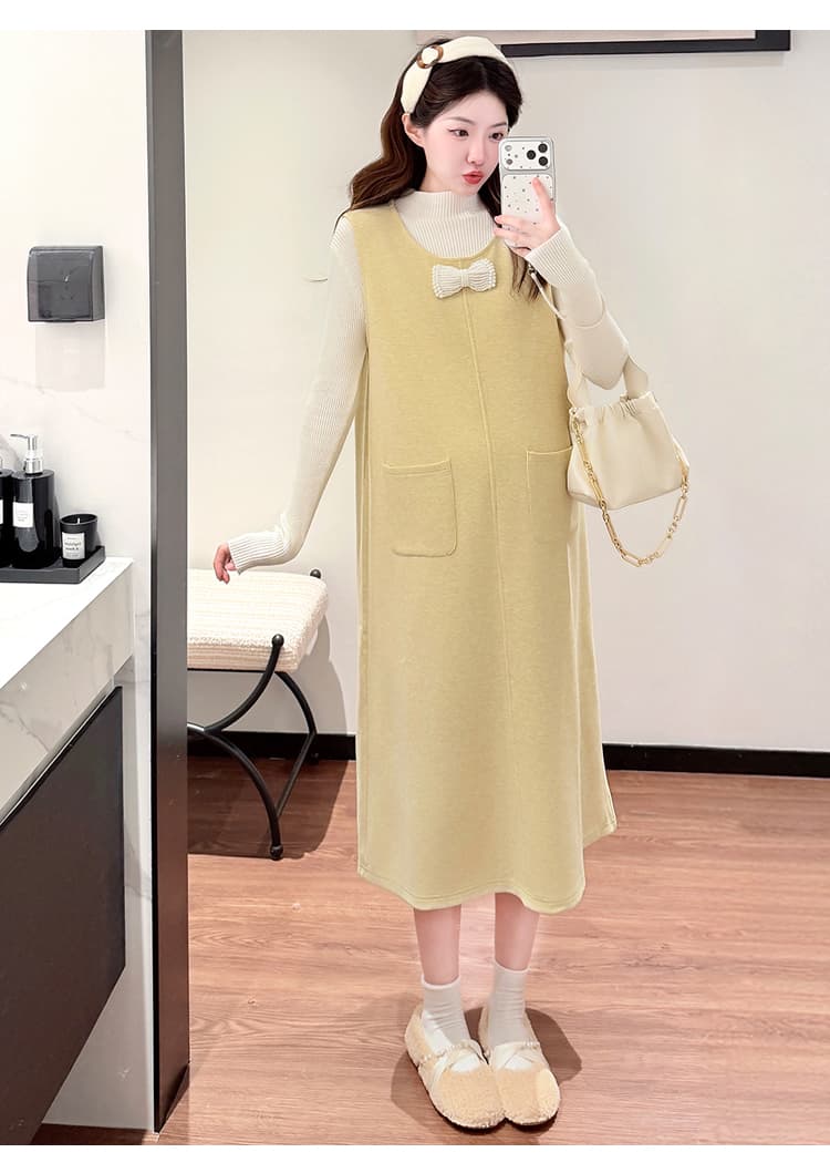 실사 지금 임산부 새로운 한 부서 언더 코트 진주 나비 매듭 루즈핏 드레스 투피스 세트 상세 이미지 13