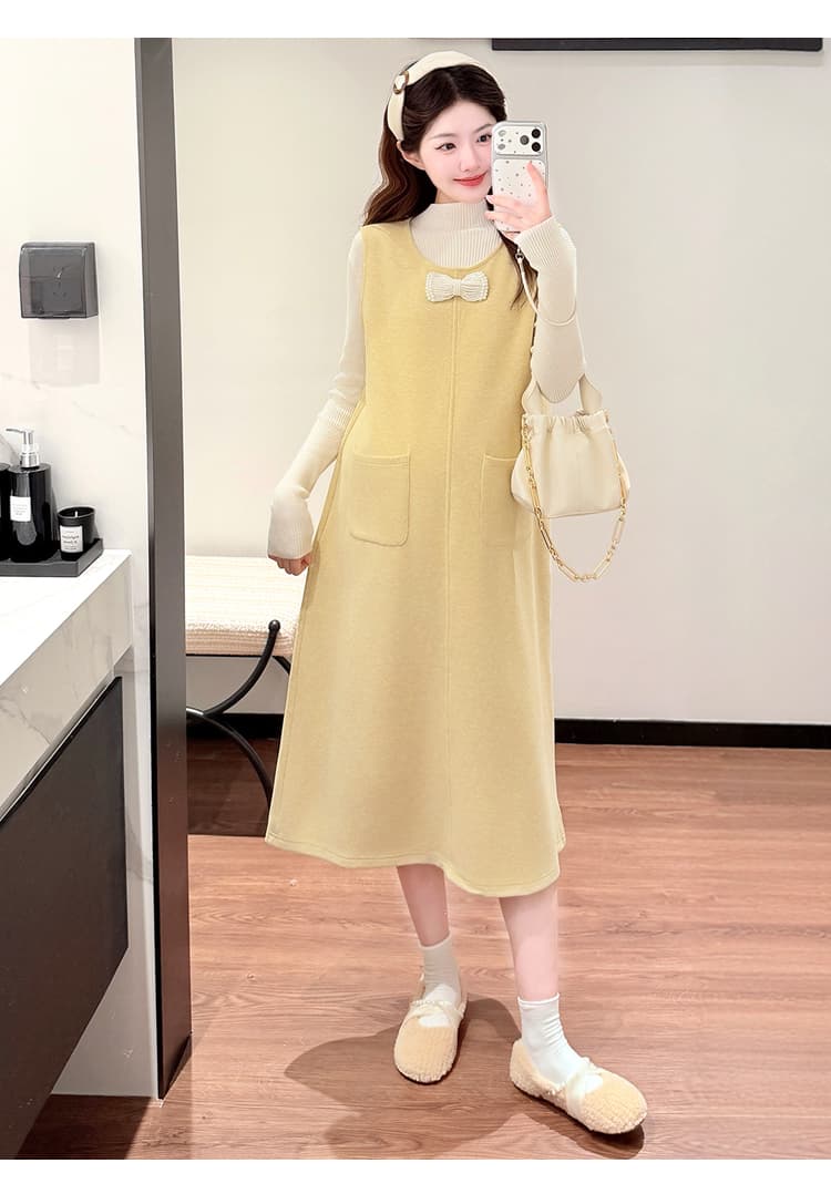실사 지금 임산부 새로운 한 부서 언더 코트 진주 나비 매듭 루즈핏 드레스 투피스 세트 상세 이미지 15