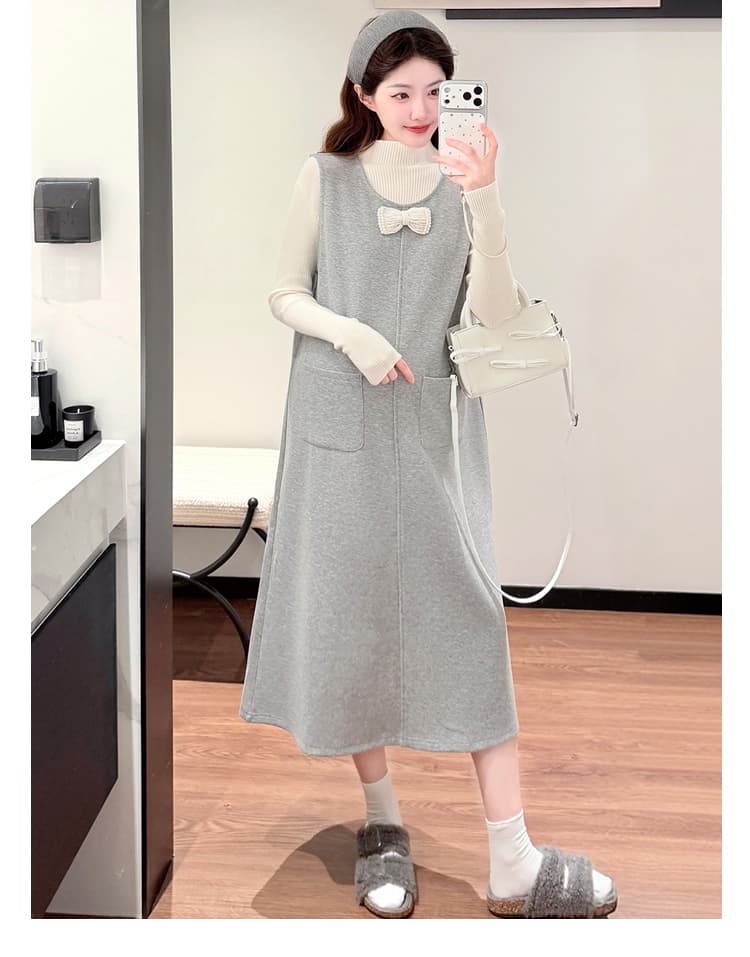 실사 지금 임산부 새로운 한 부서 언더 코트 진주 나비 매듭 루즈핏 드레스 투피스 세트 상세 이미지 21