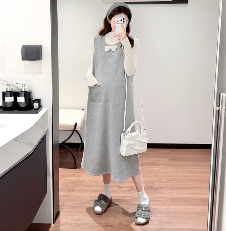 실사 지금 임산부 새로운 한 부서 언더 코트 진주 나비 매듭 루즈핏 드레스 투피스 세트 상세 이미지 24