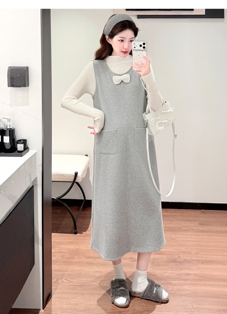 실사 지금 임산부 새로운 한 부서 언더 코트 진주 나비 매듭 루즈핏 드레스 투피스 세트 상세 이미지 26