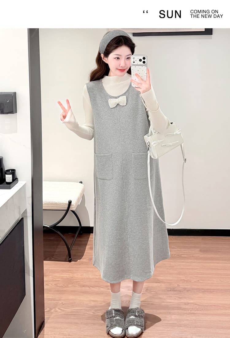 실사 지금 임산부 새로운 한 부서 언더 코트 진주 나비 매듭 루즈핏 드레스 투피스 세트 상세 이미지 27