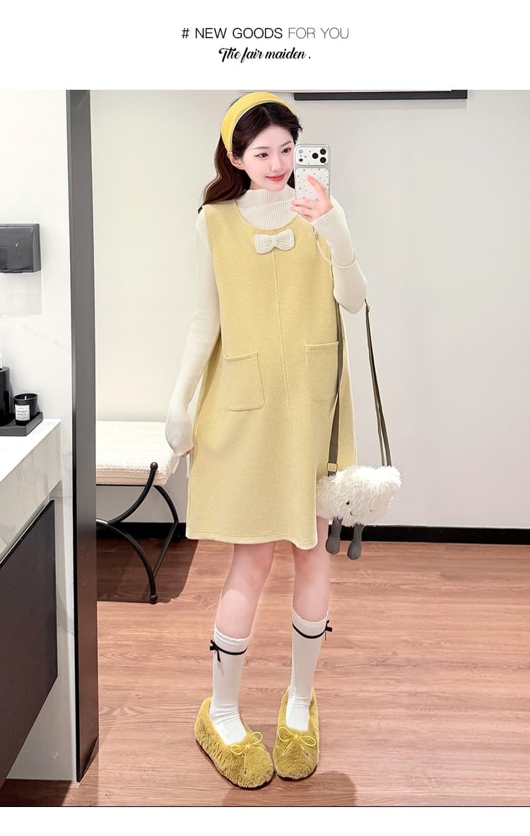 실사 지금 임산부 새로운 한 부서 언더 코트 진주 나비 매듭 루즈핏 드레스 투피스 세트 상세 이미지 30