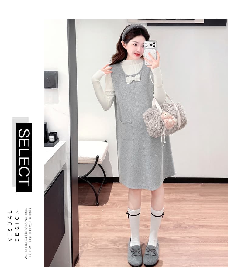 실사 지금 임산부 새로운 한 부서 언더 코트 진주 나비 매듭 루즈핏 드레스 투피스 세트 상세 이미지 43
