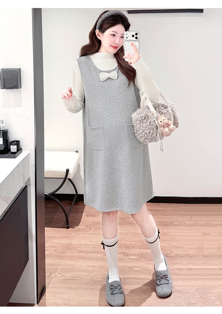 실사 지금 임산부 새로운 한 부서 언더 코트 진주 나비 매듭 루즈핏 드레스 투피스 세트 상세 이미지 48