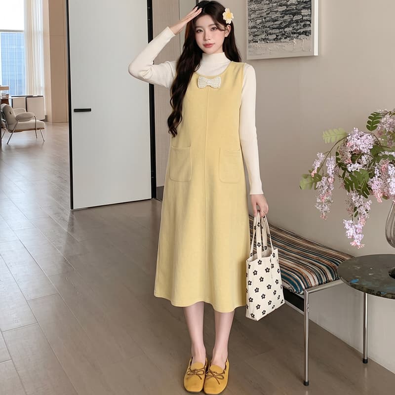 실사 지금 임산부 가을 겨울 새로운 한 부서 미니멀리즘 관대 한 작은 샤넬 스타일 진주 나비 매듭 드레스 투피스 세트 이미지 5