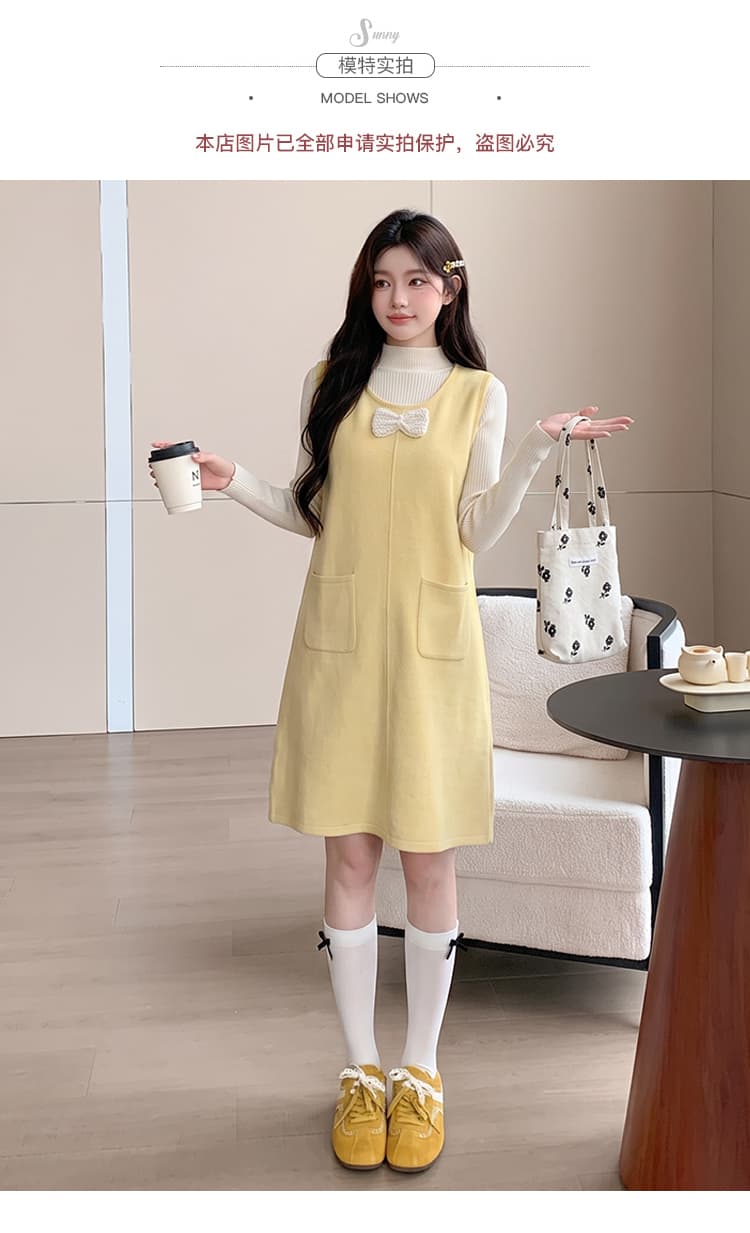 실사 지금 임산부 가을 겨울 새로운 한 부서 미니멀리즘 관대 한 작은 샤넬 스타일 진주 나비 매듭 드레스 투피스 세트 상세 이미지 10