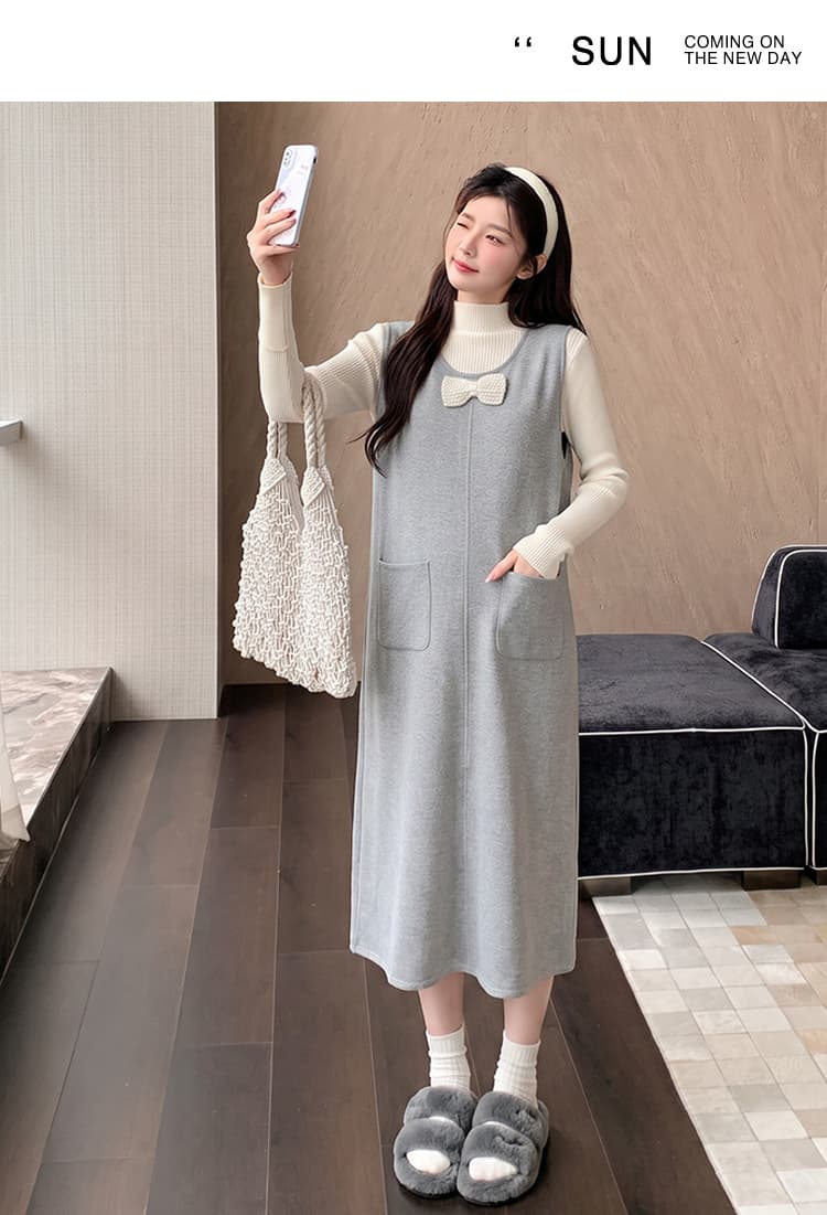 실사 지금 임산부 가을 겨울 새로운 한 부서 미니멀리즘 관대 한 작은 샤넬 스타일 진주 나비 매듭 드레스 투피스 세트 상세 이미지 27