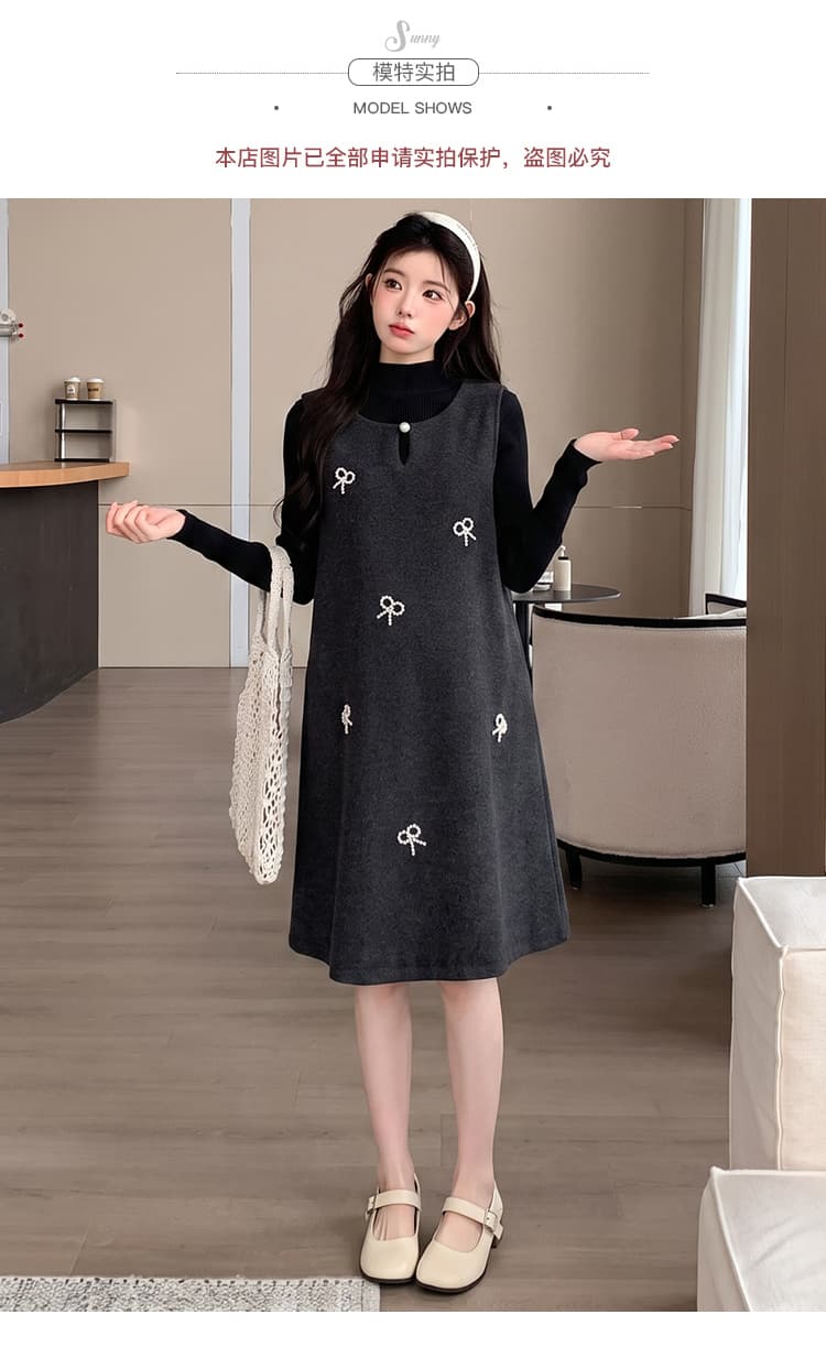 실사 임산부 가을 겨울 새로운 달콤함 연령 감소 작은 샤넬 스타일 나비 매듭 드레스 미니멀리즘 기본 셔츠 세트 상세 이미지 9