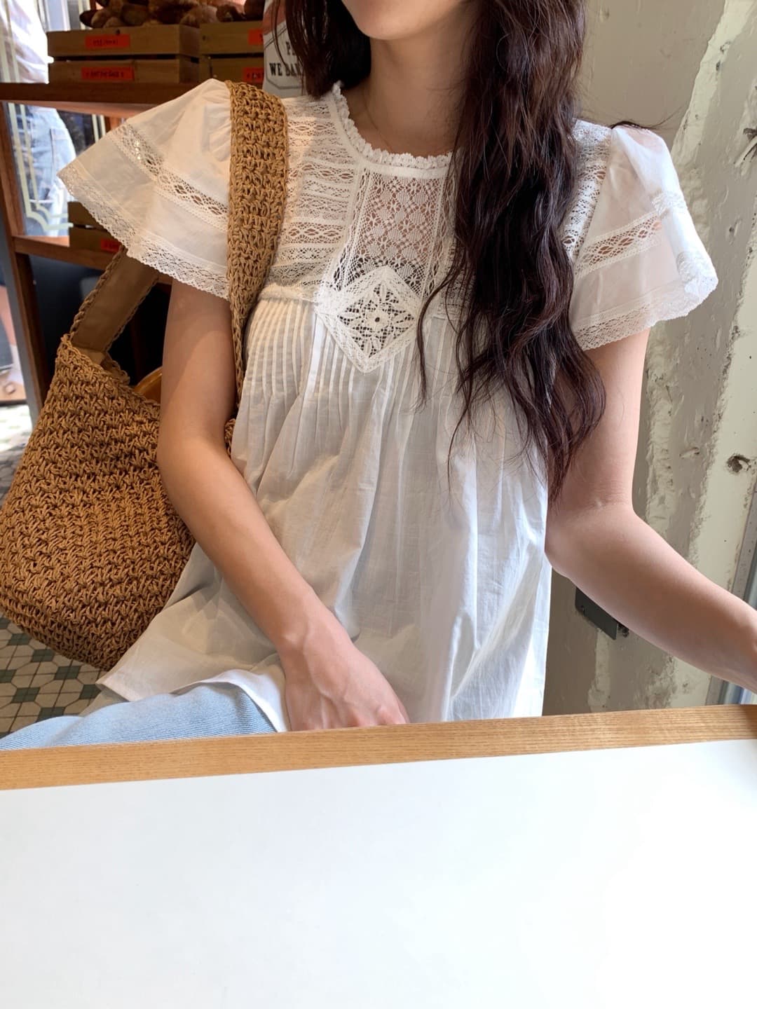 재고 있음 한 부서 여름 차가운 청 ~을 통해 무거운 작업 레이스 홀로우 아웃 명중 Pleat 연꽃 잎 소매 작은 셔츠 이미지 3