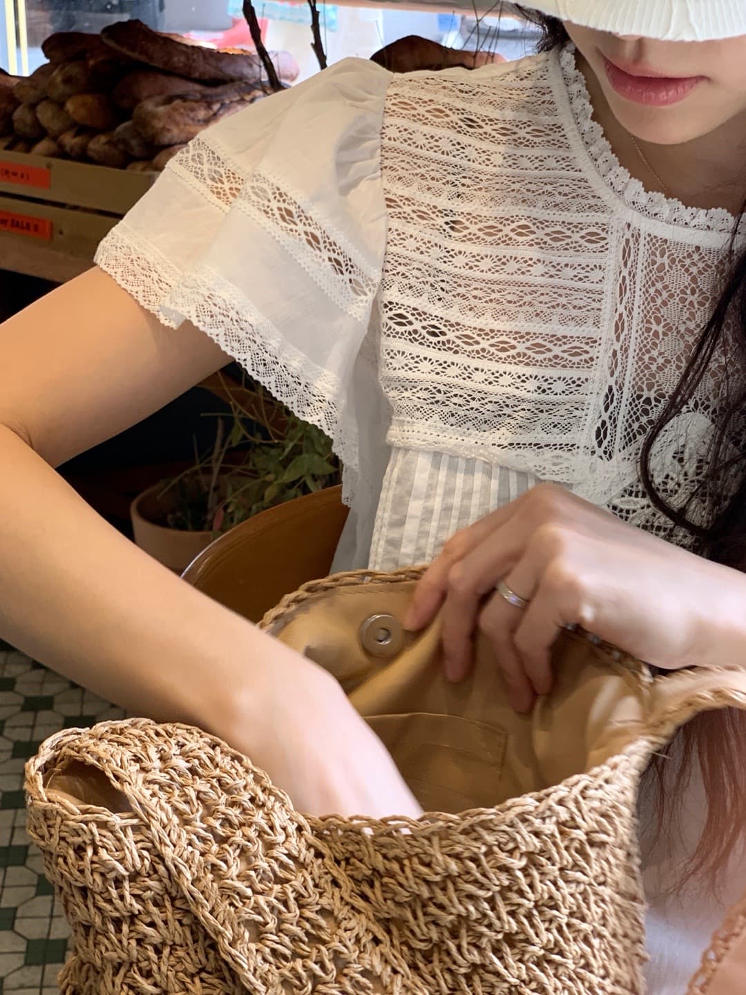 재고 있음 한 부서 여름 차가운 청 ~을 통해 무거운 작업 레이스 홀로우 아웃 명중 Pleat 연꽃 잎 소매 작은 셔츠 상세 이미지 3
