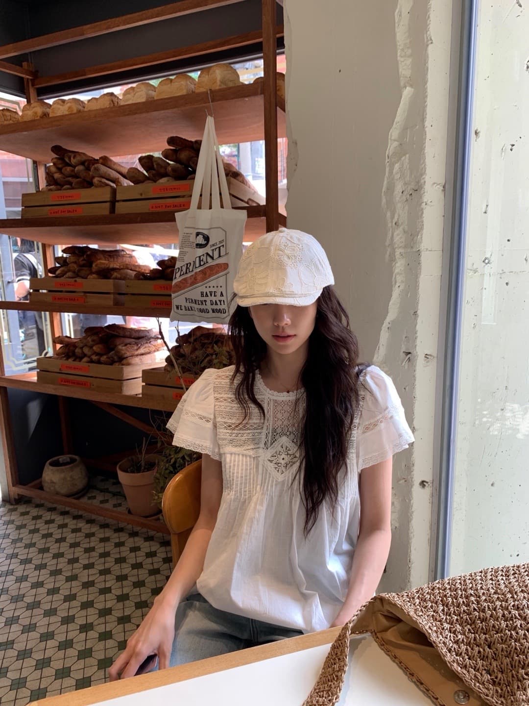 재고 있음 한 부서 여름 차가운 청 ~을 통해 무거운 작업 레이스 홀로우 아웃 명중 Pleat 연꽃 잎 소매 작은 셔츠 상세 이미지 6