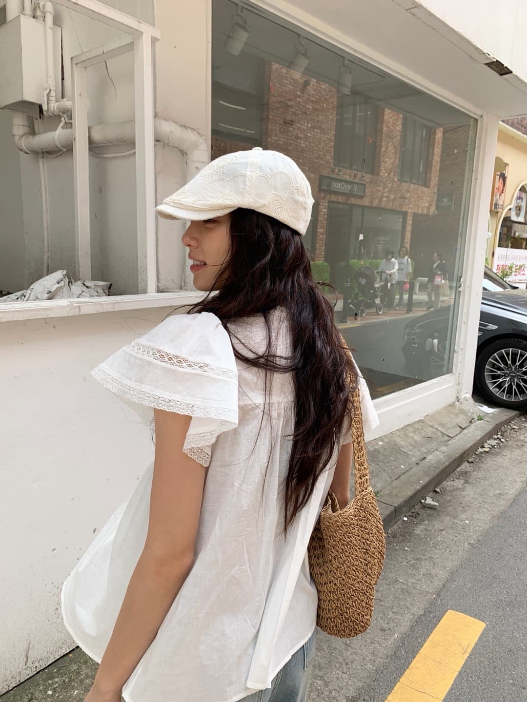 재고 있음 한 부서 여름 차가운 청 ~을 통해 무거운 작업 레이스 홀로우 아웃 명중 Pleat 연꽃 잎 소매 작은 셔츠 상세 이미지 9