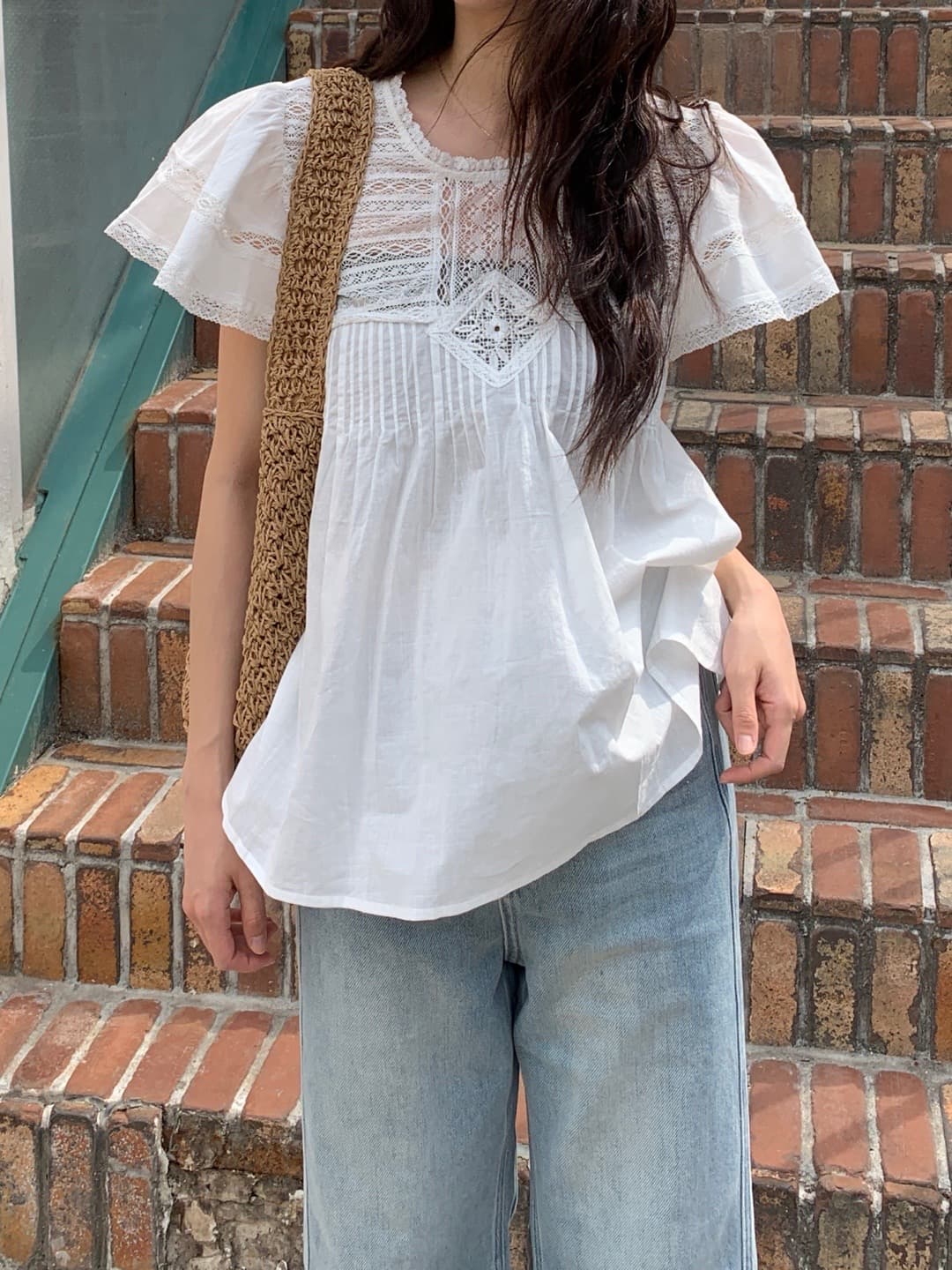 재고 있음 한 부서 여름 차가운 청 ~을 통해 무거운 작업 레이스 홀로우 아웃 명중 Pleat 연꽃 잎 소매 작은 셔츠 상세 이미지 12