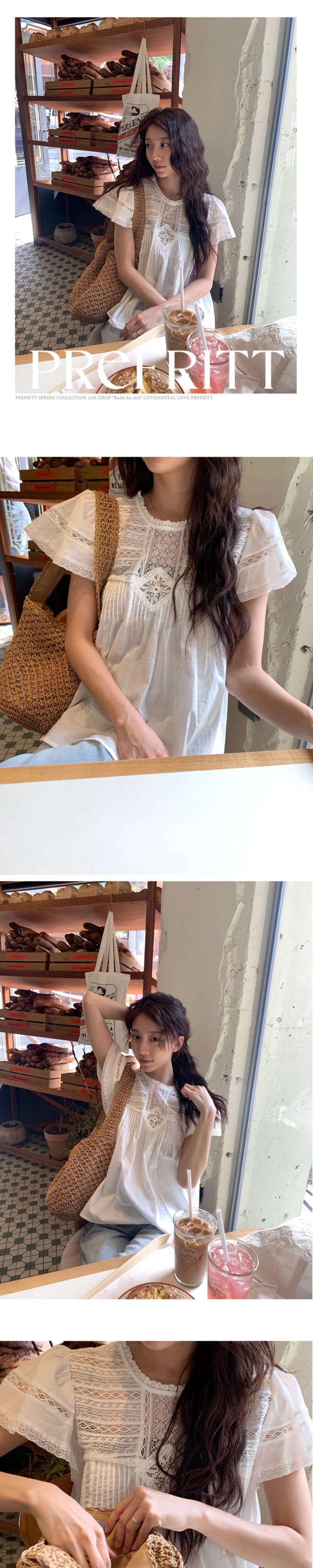 재고 있음 한 부서 여름 차가운 청 ~을 통해 무거운 작업 레이스 홀로우 아웃 명중 Pleat 연꽃 잎 소매 작은 셔츠 상세 이미지 13