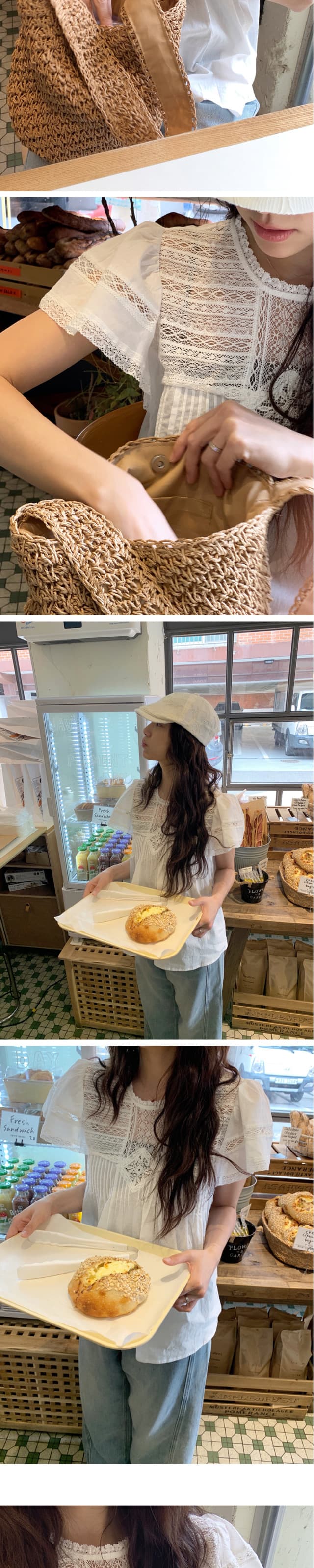 재고 있음 한 부서 여름 차가운 청 ~을 통해 무거운 작업 레이스 홀로우 아웃 명중 Pleat 연꽃 잎 소매 작은 셔츠 상세 이미지 14