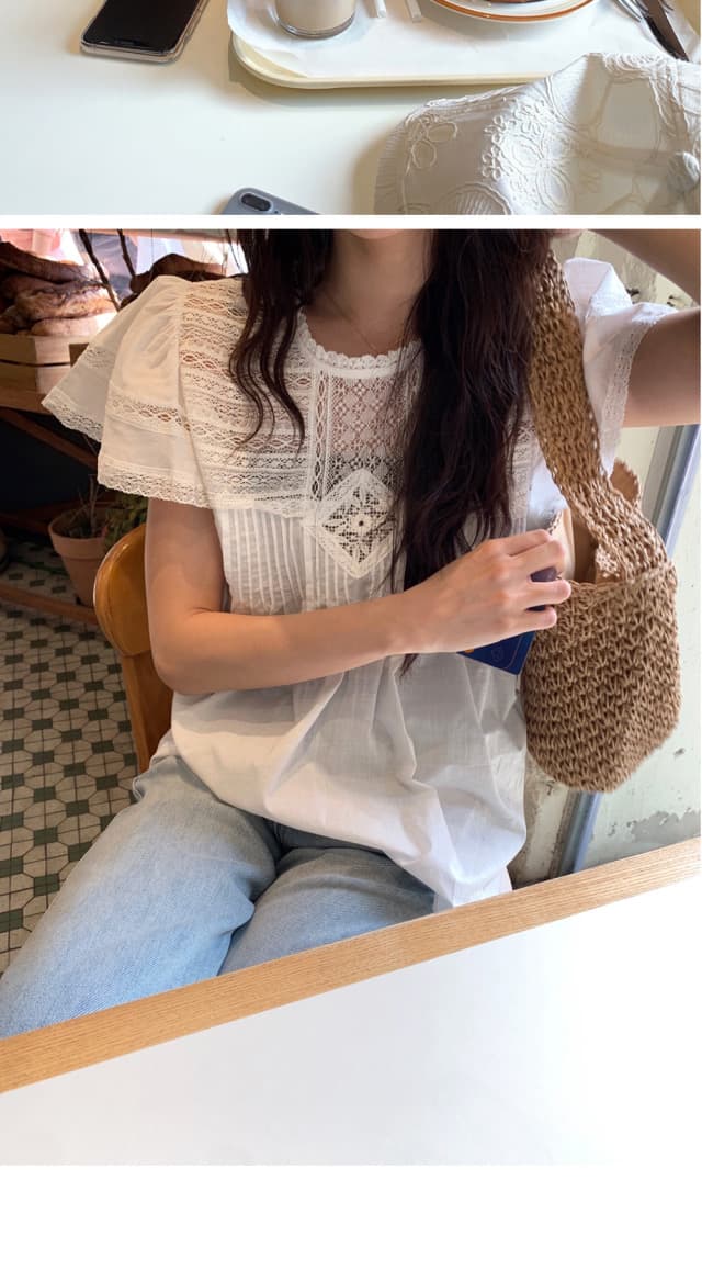 재고 있음 한 부서 여름 차가운 청 ~을 통해 무거운 작업 레이스 홀로우 아웃 명중 Pleat 연꽃 잎 소매 작은 셔츠 상세 이미지 16