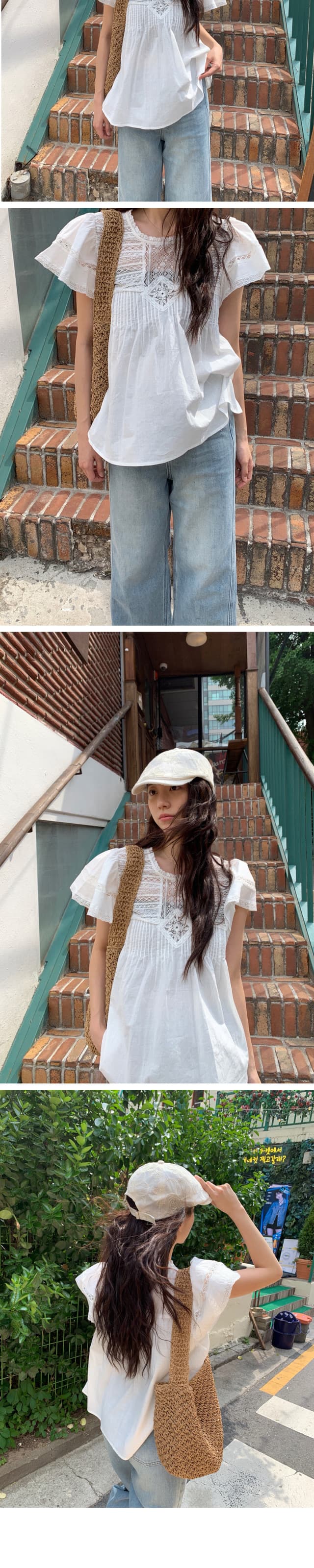 재고 있음 한 부서 여름 차가운 청 ~을 통해 무거운 작업 레이스 홀로우 아웃 명중 Pleat 연꽃 잎 소매 작은 셔츠 상세 이미지 18