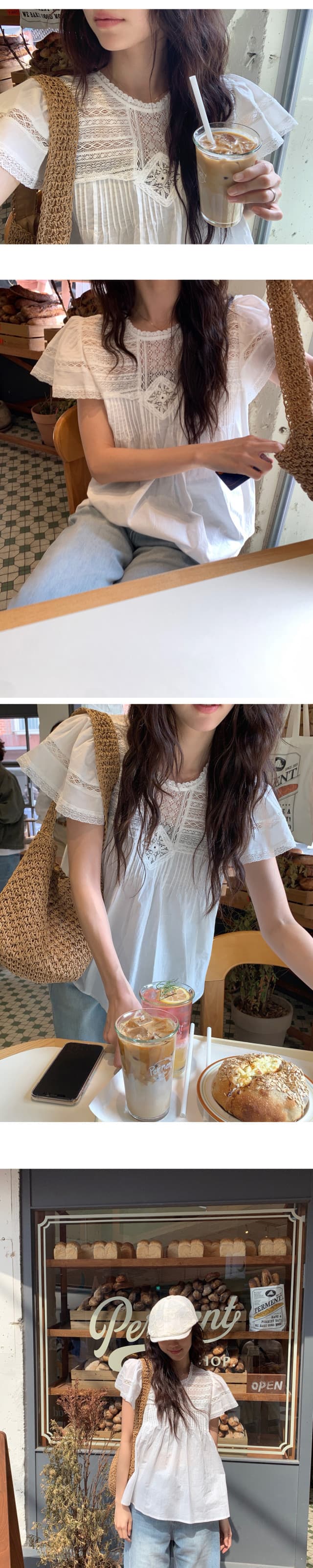 재고 있음 한 부서 여름 차가운 청 ~을 통해 무거운 작업 레이스 홀로우 아웃 명중 Pleat 연꽃 잎 소매 작은 셔츠 상세 이미지 19