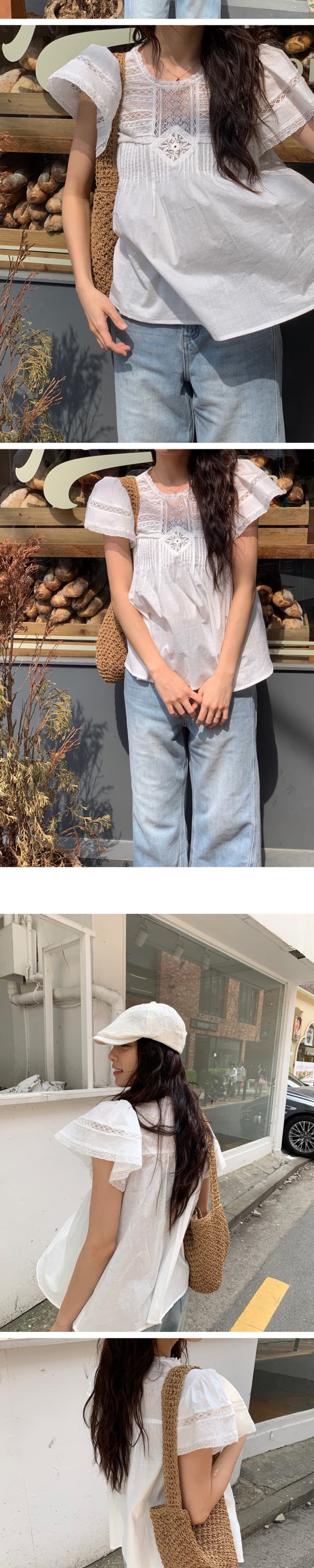 재고 있음 한 부서 여름 차가운 청 ~을 통해 무거운 작업 레이스 홀로우 아웃 명중 Pleat 연꽃 잎 소매 작은 셔츠 상세 이미지 20