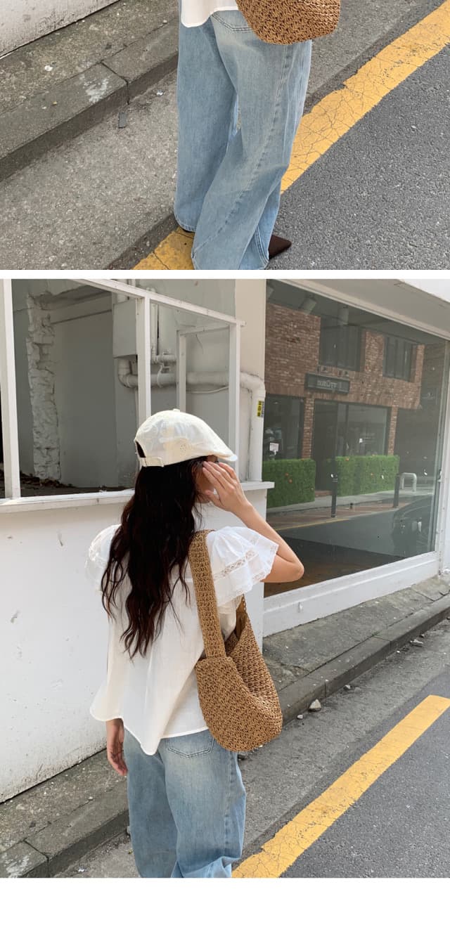 재고 있음 한 부서 여름 차가운 청 ~을 통해 무거운 작업 레이스 홀로우 아웃 명중 Pleat 연꽃 잎 소매 작은 셔츠 상세 이미지 21