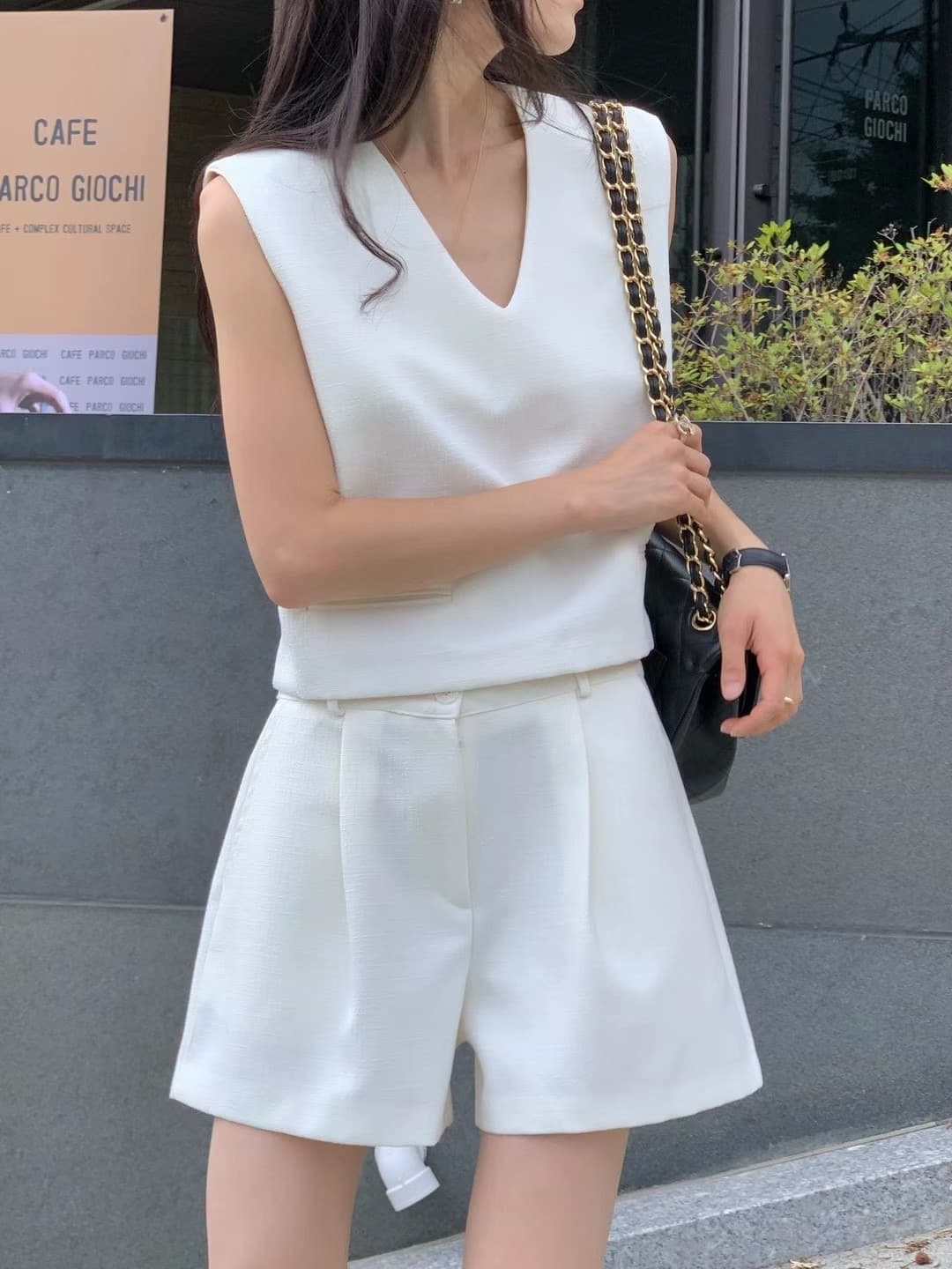 재고 있음 한국 chic 품격 V넥 작은 샤넬 스타일 쇼트 스타일 조끼 하이웨이스트 플리츠 넓은 다리가 짧다. 바지 투피스 세트 상세 이미지 5
