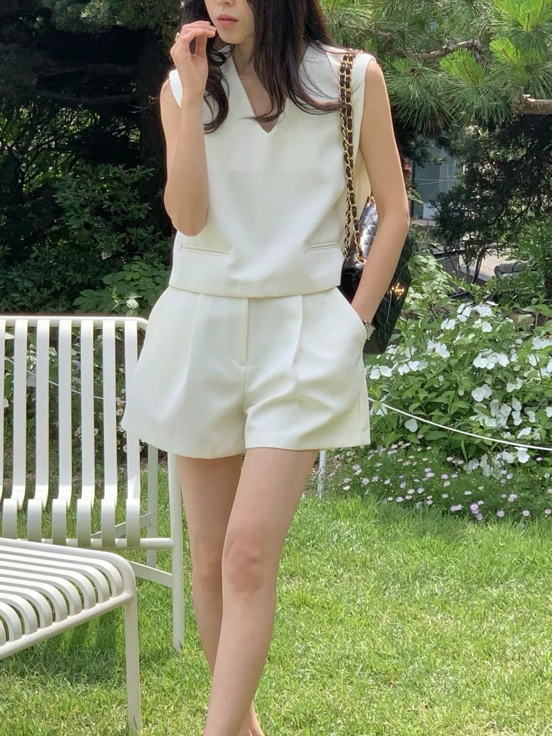 재고 있음 한국 chic 품격 V넥 작은 샤넬 스타일 쇼트 스타일 조끼 하이웨이스트 플리츠 넓은 다리가 짧다. 바지 투피스 세트 상세 이미지 7