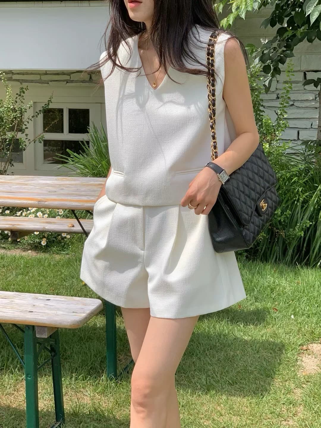 재고 있음 한국 chic 품격 V넥 작은 샤넬 스타일 쇼트 스타일 조끼 하이웨이스트 플리츠 넓은 다리가 짧다. 바지 투피스 세트 상세 이미지 10