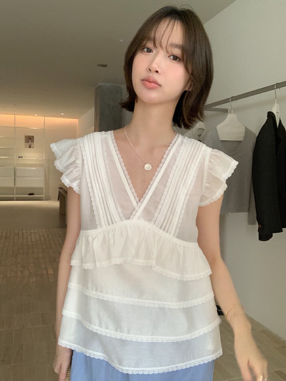 재고 있음 한국 스타일 품격 다용도 무거운 작업 요정 프릴 Feifei 소매 셔츠 상세 이미지 2